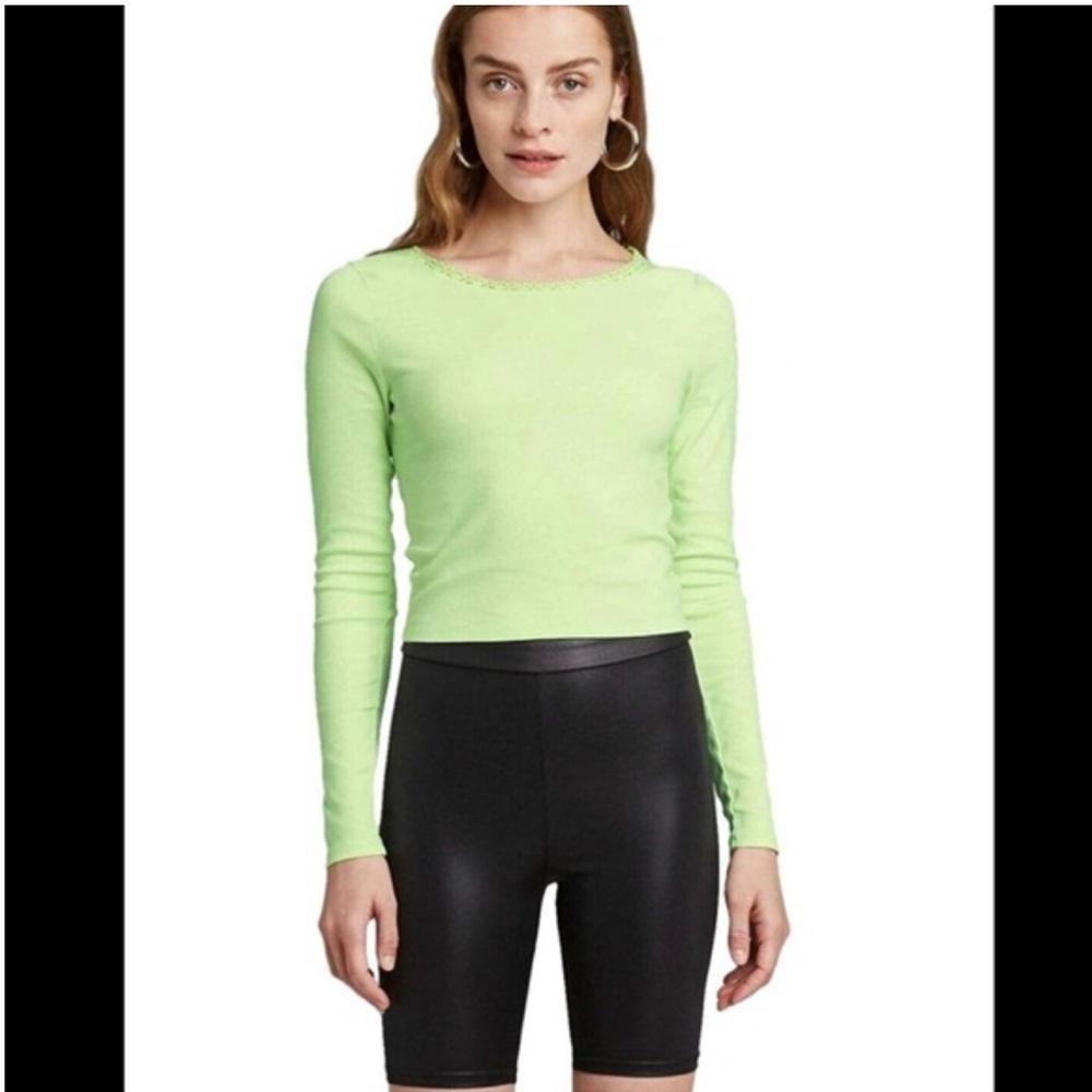 Long Sleeve Cropped Wild Fable Green Top Size Small Lace Detail